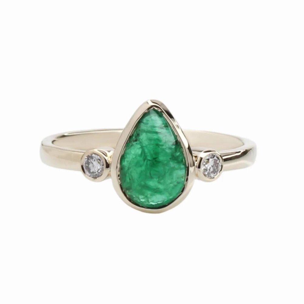 1.3Ct Zambian Emerald Ring in Solid 14K Gold with Natural Diamond Accents